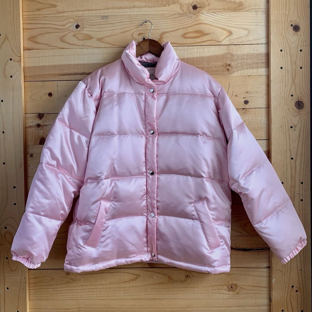 HUGO BUSCATI Y2K Satin Pink Puffer Jacket L Bubble Pink Lined Down Filled *Flaw*